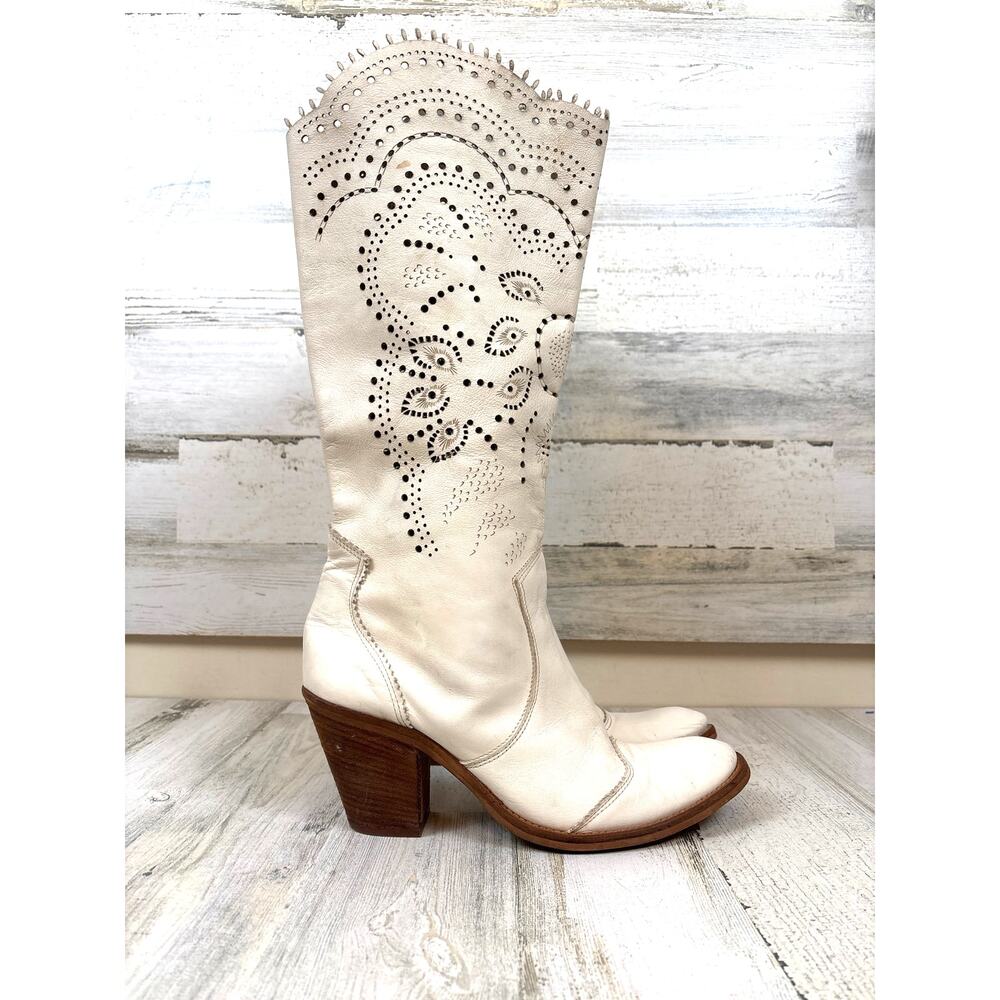 FRU.IT Cream Leather Cut Out Western Calf Boots Womens 40 Vintage Italy Designer
